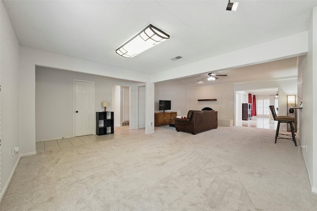 4029 Aragon Dr, Fort Worth, TX 76133 - living room featuring ceiling fan, carpet flooring, and a large fireplace