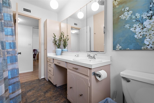 210 Harbor Dr, Gun Barrel City, TX 75156 - bathroom with vanity, toilet, stone finish floors, and a textured ceiling