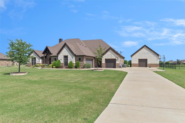 12198 Briargove Ln, Talty, TX 75126 - french country inspired facade with driveway, a front lawn, stone siding, a chimney, and brick siding