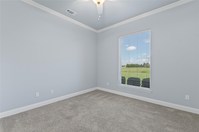 12198 Briargove Ln, Talty, TX 75126 - empty room featuring carpet, ornamental molding, baseboards, and ceiling fan
