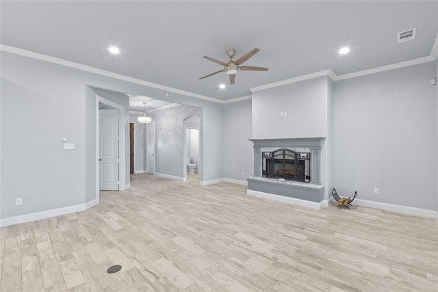 12198 Briargove Ln, Talty, TX 75126 - unfurnished living room with ceiling fan, light wood-style floors, recessed lighting, baseboards, and a fireplace with raised hearth