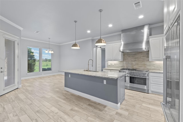 12198 Briargove Ln, Talty, TX 75126 - kitchen featuring double oven range, a sink, wall chimney exhaust hood, crown molding, and backsplash