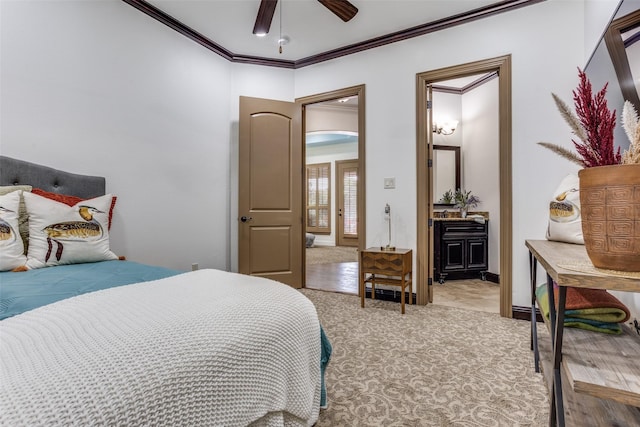 1716 Caman Park Dr, Lucas, TX 75002 - carpeted bedroom with crown molding, connected bathroom, and a ceiling fan
