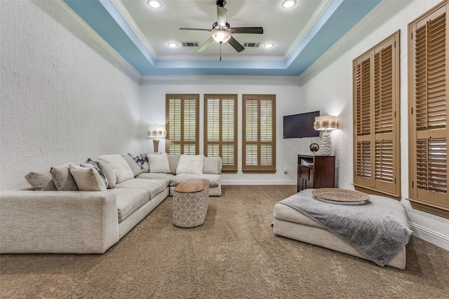 1716 Caman Park Dr, Lucas, TX 75002 - living room with a raised ceiling, ceiling fan, ornamental molding, carpet, and a textured wall
