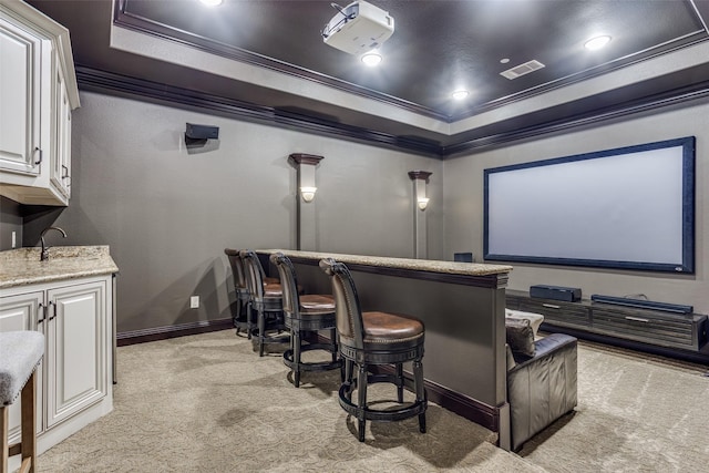 1716 Caman Park Dr, Lucas, TX 75002 - cinema room featuring a raised ceiling, light carpet, crown molding, bar, and baseboards