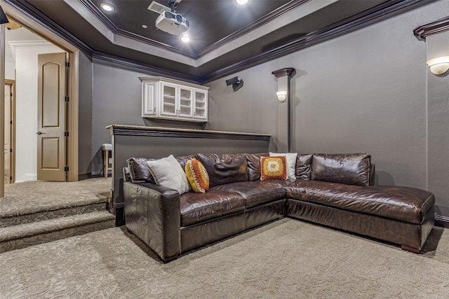 1716 Caman Park Dr, Lucas, TX 75002 - cinema with carpet floors, crown molding, baseboards, a raised ceiling, and recessed lighting
