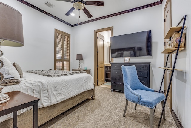 1716 Caman Park Dr, Lucas, TX 75002 - bedroom with crown molding, carpet flooring, a ceiling fan, and ensuite bathroom