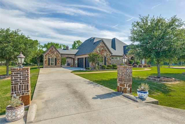 1716 Caman Park Dr, Lucas, TX 75002 - view of front of house with an attached garage, driveway, stone siding, a front yard, and a chimney
