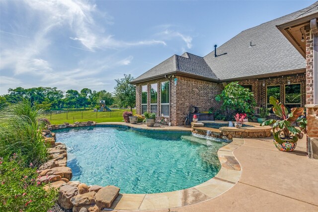1716 Caman Park Dr, Lucas, TX 75002 - outdoor pool featuring a patio area, a playground, an in-ground hot tub, and a lawn