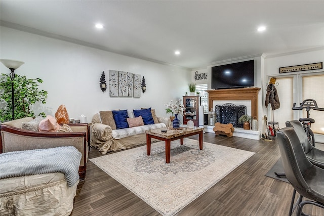 9212 Flickering Shadow Dr, Dallas, TX 75243 - living room with ornamental molding, recessed lighting, plenty of natural light, a fireplace with raised hearth, and dark wood-style flooring