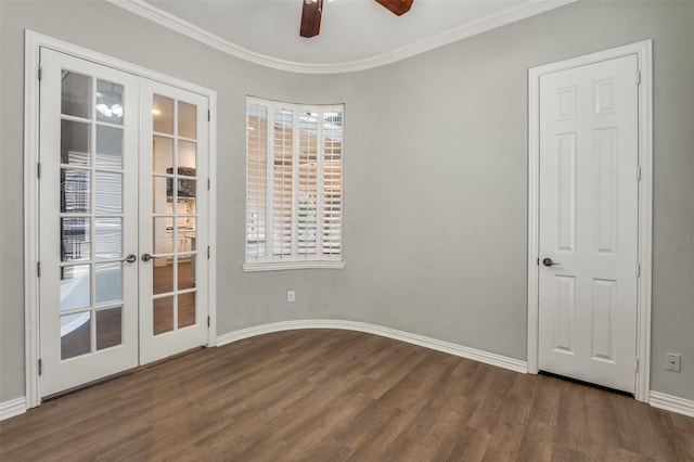4145 Victory Dr, Frisco, TX 75034 - unfurnished room featuring french doors, wood finished floors, crown molding, ceiling fan, and baseboards