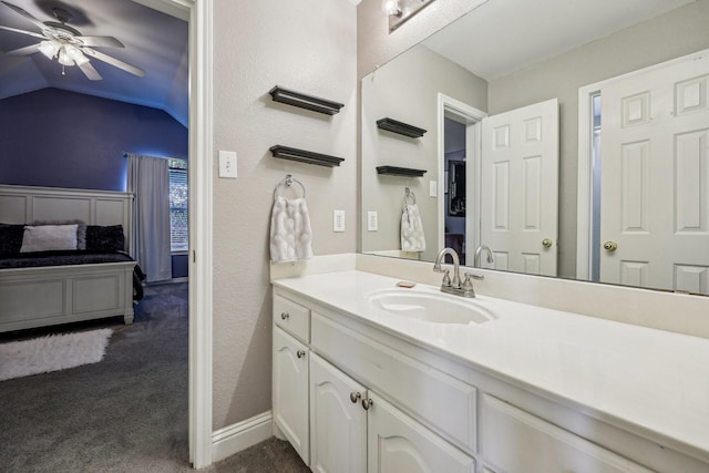 5603 Blazing Star Rd, Frisco, TX 75036 - ensuite bathroom featuring a ceiling fan, vanity, and vaulted ceiling