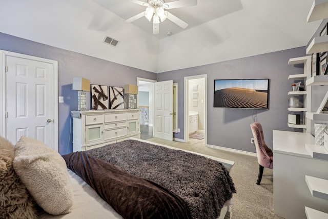 5603 Blazing Star Rd, Frisco, TX 75036 - carpeted bedroom with baseboards, a ceiling fan, ensuite bath, and lofted ceiling