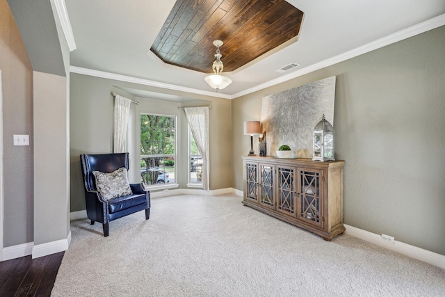 5603 Blazing Star Rd, Frisco, TX 75036 - sitting room featuring baseboards, a tray ceiling, ornamental molding, and carpet