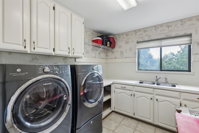 7632 Westwind Dr, Fort Worth, TX 76179 - washroom with cabinet space, separate washer and dryer, and light tile patterned flooring