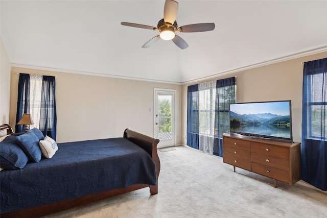7632 Westwind Dr, Fort Worth, TX 76179 - carpeted bedroom featuring access to outside, a ceiling fan, lofted ceiling, and crown molding