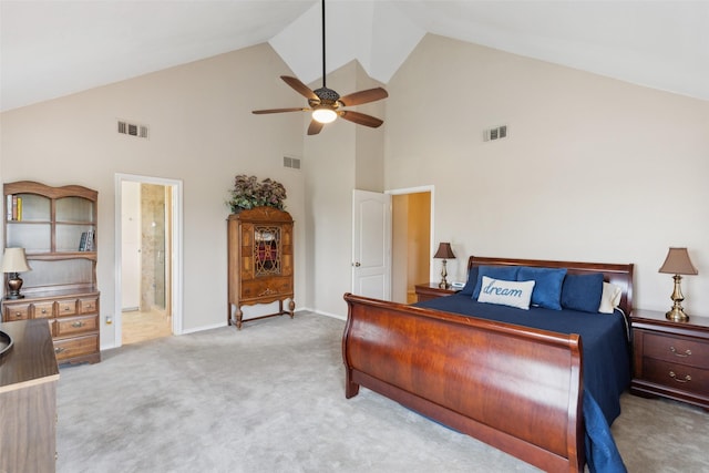 7632 Westwind Dr, Fort Worth, TX 76179 - bedroom with high vaulted ceiling, carpet, baseboards, and a ceiling fan