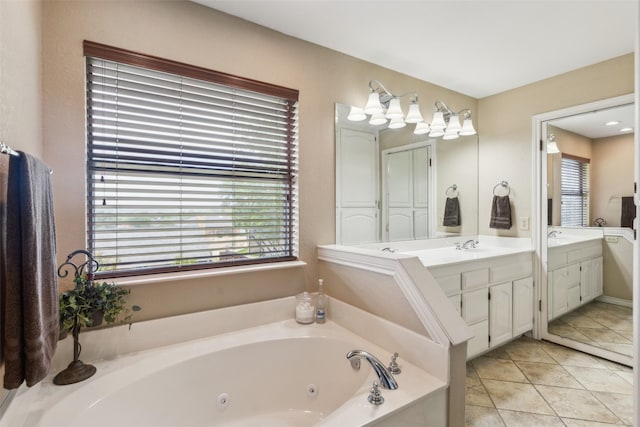 7632 Westwind Dr, Fort Worth, TX 76179 - bathroom with a whirlpool tub, vanity, and tile patterned floors