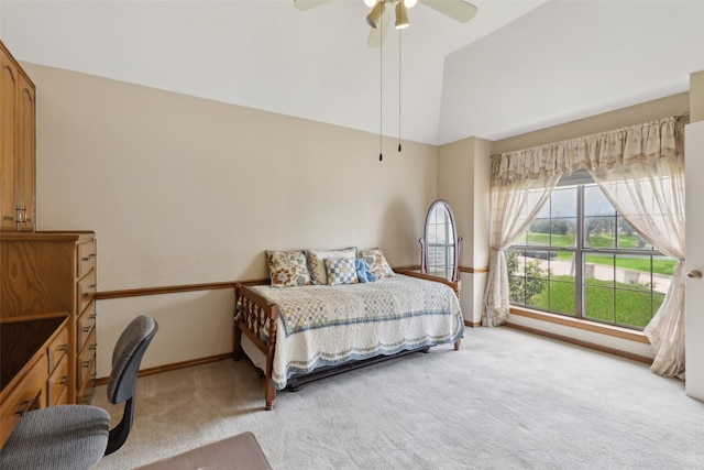 7632 Westwind Dr, Fort Worth, TX 76179 - bedroom with light carpet, a ceiling fan, high vaulted ceiling, and baseboards