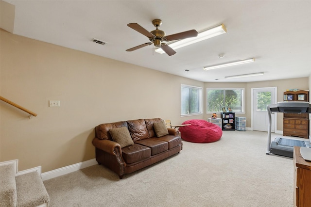 7632 Westwind Dr, Fort Worth, TX 76179 - living area featuring carpet flooring, ceiling fan, and baseboards