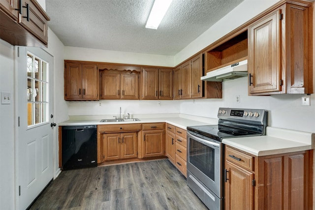 5140 Kingston Dr, Wichita Falls, TX 76310 - kitchen with stainless steel electric stove, under cabinet range hood, black dishwasher, a sink, and dark wood-style floors