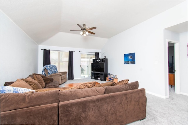 1011 Liffey Dr, Pflugerville, TX 78660 - living area with a ceiling fan, light carpet, baseboards, and lofted ceiling