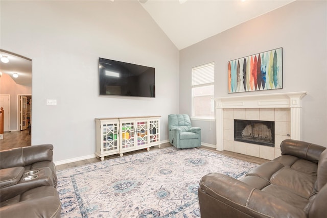 living room featuring lofted ceiling, wood finished floors, baseboards, and a fireplace