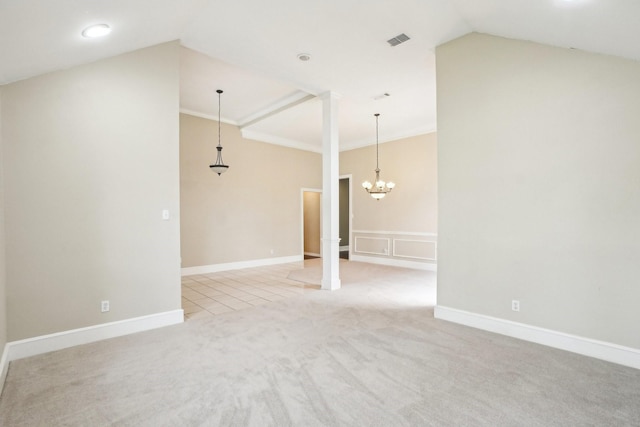 612 Christan Ct, Rockwall, TX 75087 - unfurnished living room with lofted ceiling, light carpet, a chandelier, and a decorative wall