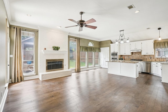 612 Christan Ct, Rockwall, TX 75087 - kitchen featuring appliances with stainless steel finishes, a ceiling fan, under cabinet range hood, open floor plan, and a kitchen island