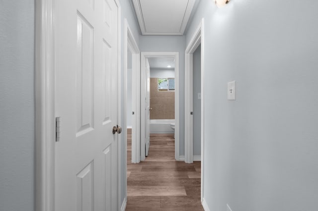 804 Hemlock Dr, West Tawakoni, TX 75474 - hall featuring dark wood-style floors, attic access, and baseboards
