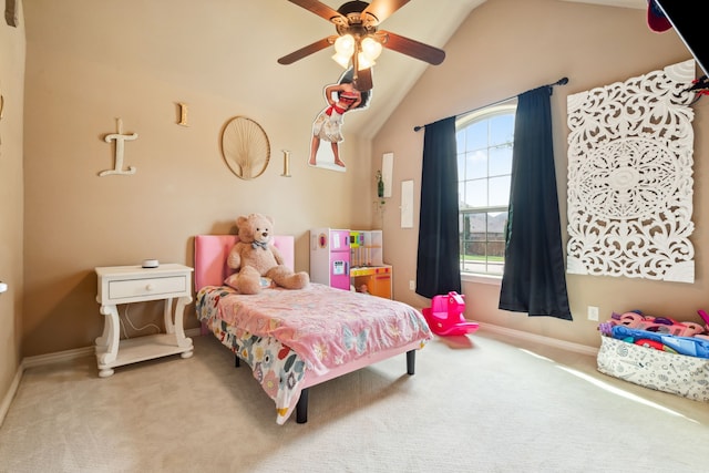 4307 Savannah Ln, Granbury, TX 76049 - bedroom with carpet floors, vaulted ceiling, baseboards, and a ceiling fan