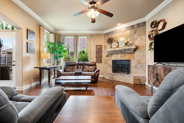 4307 Savannah Ln, Granbury, TX 76049 - living area with crown molding, baseboards, a ceiling fan, and wood finished floors