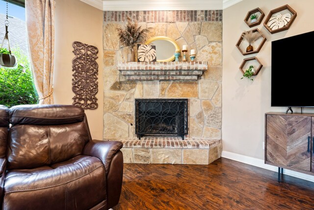 4307 Savannah Ln, Granbury, TX 76049 - living area with ornamental molding, wood finished floors, baseboards, and a stone fireplace