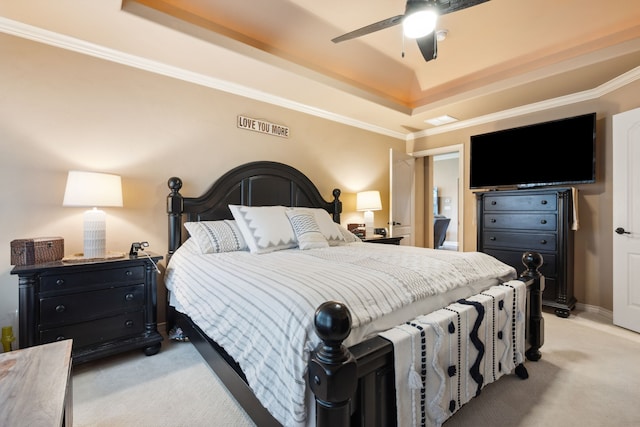 4307 Savannah Ln, Granbury, TX 76049 - bedroom with a raised ceiling, light carpet, crown molding, and a ceiling fan