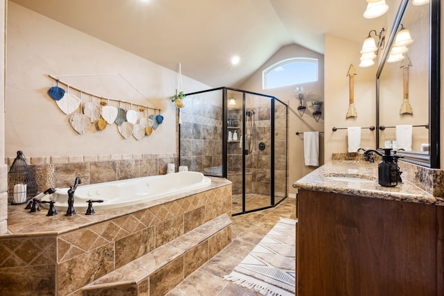 4307 Savannah Ln, Granbury, TX 76049 - full bathroom with vaulted ceiling, a bath, tiled shower, vanity, and marble finish floors