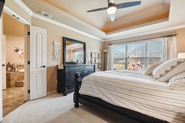 4307 Savannah Ln, Granbury, TX 76049 - bedroom featuring a raised ceiling, light colored carpet, ornamental molding, a ceiling fan, and baseboards