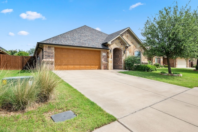 4307 Savannah Ln, Granbury, TX 76049 - view of front of house featuring an attached garage, brick siding, concrete driveway, and stone siding
