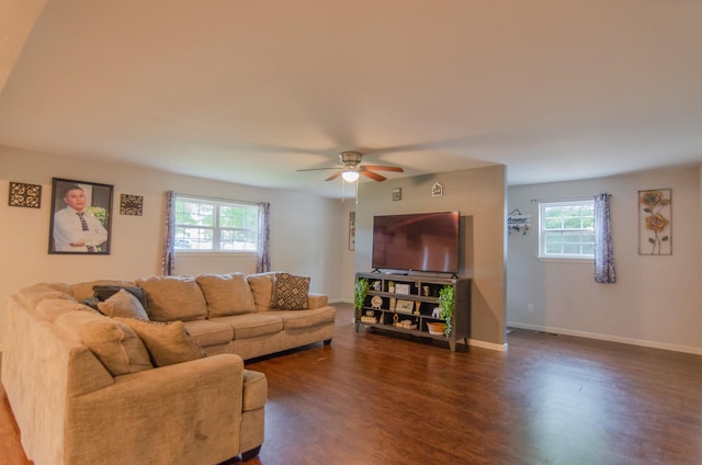 2209 Ridgewood Dr, Sherman, TX 75092 - living area featuring ceiling fan, dark wood finished floors, and baseboards