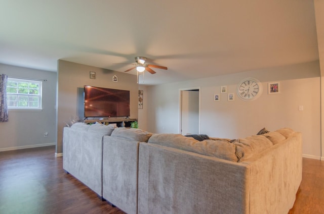 2209 Ridgewood Dr, Sherman, TX 75092 - living area featuring a ceiling fan, baseboards, and dark wood finished floors
