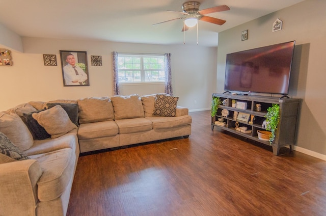 2209 Ridgewood Dr, Sherman, TX 75092 - living room featuring a ceiling fan, wood finished floors, and baseboards