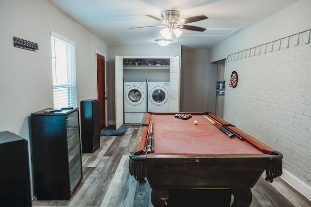 1313 E Turley St, Sherman, TX 75090 - rec room with independent washer and dryer, ceiling fan, wood finished floors, pool table, and brick wall