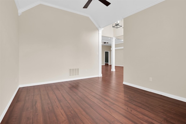 2103 Greenbrier St, Denison, TX 75020 - empty room featuring ornate columns, ceiling fan, baseboards, wood finished floors, and vaulted ceiling