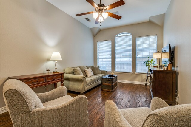 114 Lakehill Dr, Hickory Creek, TX 75065 - living area featuring a ceiling fan, baseboards, wood finished floors, and vaulted ceiling