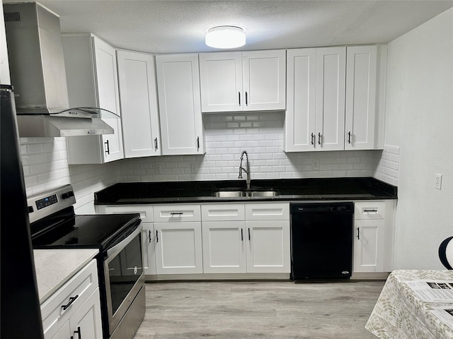 3024 Carnation Ave, Fort Worth, TX 76111 - kitchen with dishwasher, electric stove, a sink, wall chimney range hood, and white cabinetry