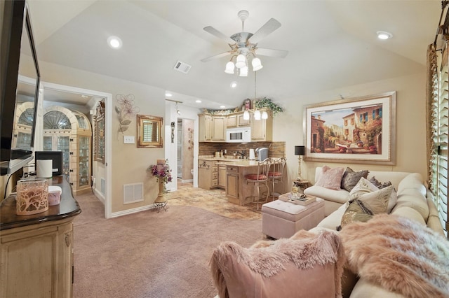 100 Country Club Dr, Heath, TX 75032 - living area featuring a ceiling fan, light colored carpet, vaulted ceiling, baseboards, and recessed lighting