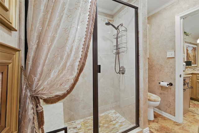 100 Country Club Dr, Heath, TX 75032 - bathroom with ornamental molding, a stall shower, and toilet