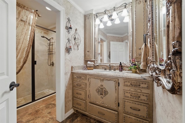 100 Country Club Dr, Heath, TX 75032 - bathroom with a stall shower, ornamental molding, and vanity