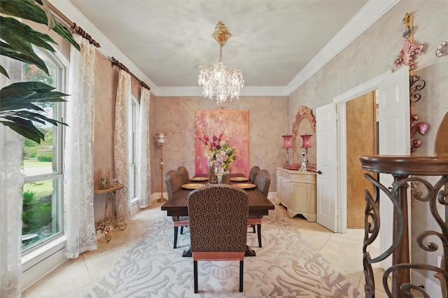 100 Country Club Dr, Heath, TX 75032 - dining area with healthy amount of natural light, light tile patterned flooring, a chandelier, and crown molding