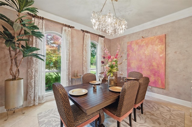 100 Country Club Dr, Heath, TX 75032 - tiled dining room with healthy amount of natural light, a chandelier, baseboards, and crown molding
