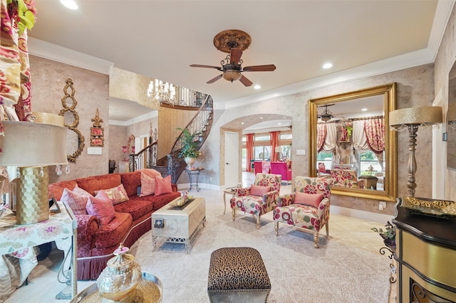 100 Country Club Dr, Heath, TX 75032 - living area with ceiling fan, stairs, ornamental molding, arched walkways, and baseboards